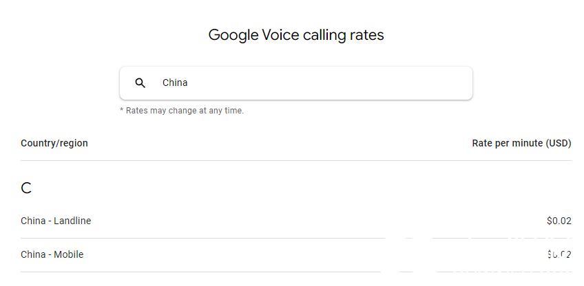 Google Voice拨打国内电话收费表